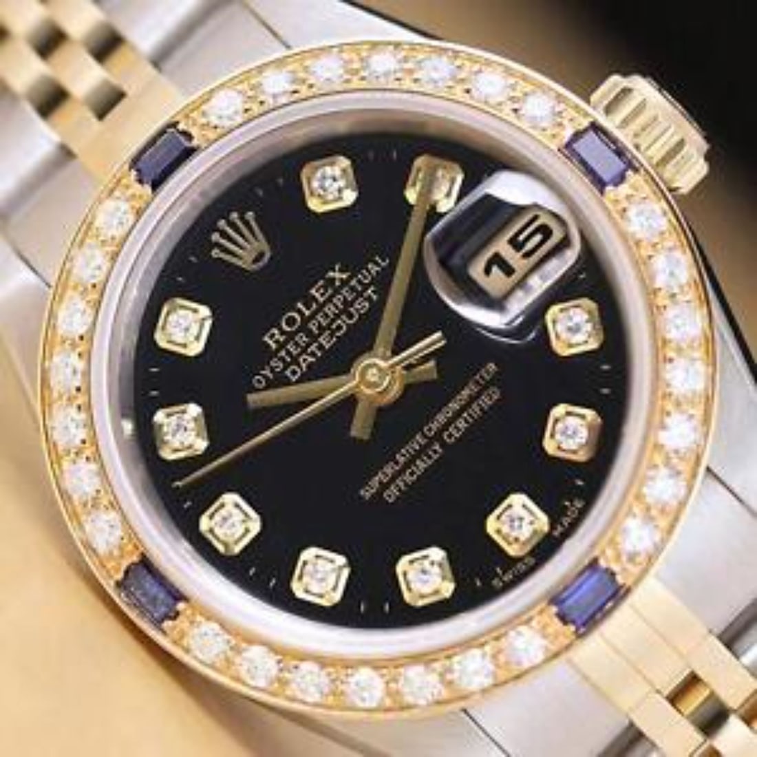 Womens Two Tone 18k Yellow Gold & Stainless Steel Rolex Datejust With A Black Diamond Dial & (1 of 6)