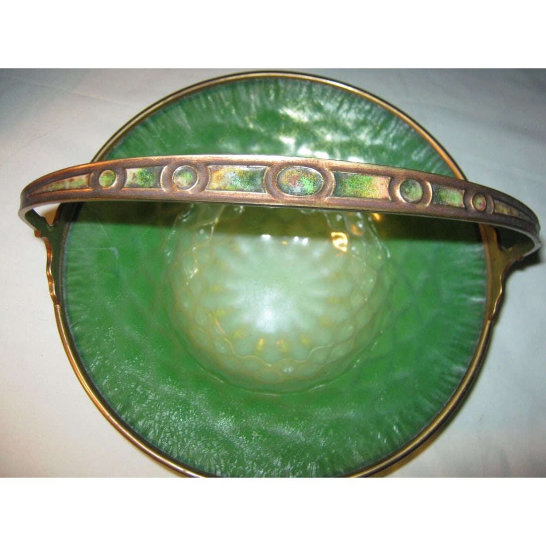 ANTIQUE L.C.T. TIFFANY STUDIOS FURNACES FAVRILE GREEN GLASS BRONZE ENAMEL BASKET (1 of 1)