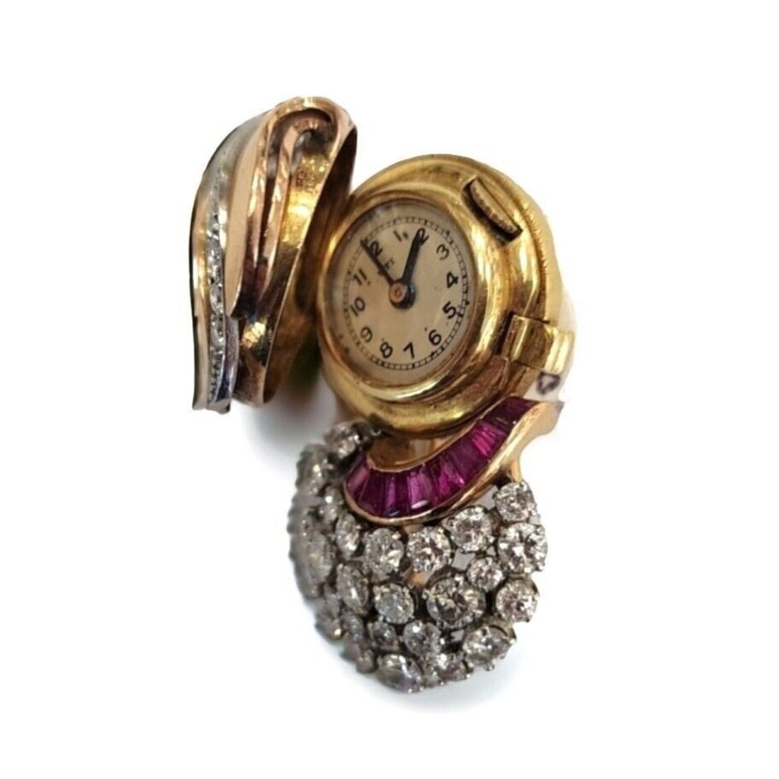 Extremely Rare Antique 18k Gold Diamond Ruby's Watch Brooch UTI Watch Co. Swiss: Extremely Rare Antique 18k Gold Diamond Ruby's Watch Brooch UTI Watch Co. Swiss (Antique 18k Gold Diamond Watch Brooch Material: Gold 18k Weight: 25 grams Size: 4.3cm Watch Brand: UTI Watch Co., Swiss