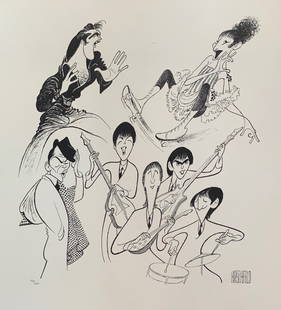 AL HIRSCHFELD THE BEATLES ELVIS SINATRA STREISAND Plate Signed Ltd Ed Lithograph: AL HIRSCHFELD THE BEATLES ELVIS SINATRA STREISAND Plate Signed Ltd Ed LithographThis is a facsimile signed original lithograph by Al Hirschfeld titled "Sensations" featuring The Beatles, Elvis Presley