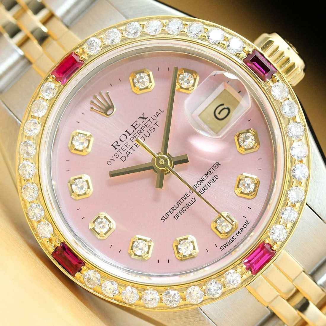 ROLEX LADIES DATEJUST 69173 PINK DIAL 18K YELLOW GOLD DIAMOND RUBY & STEEL WATCH (1 of 5)