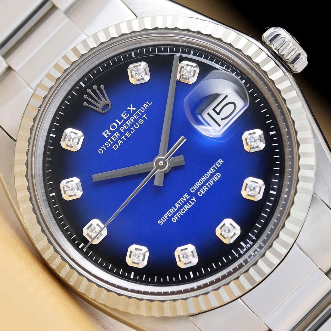 Mens 18k White Gold & Stainless Steel Rolex Datejust With A Blue Vignette Diamond Dial (1 of 6)