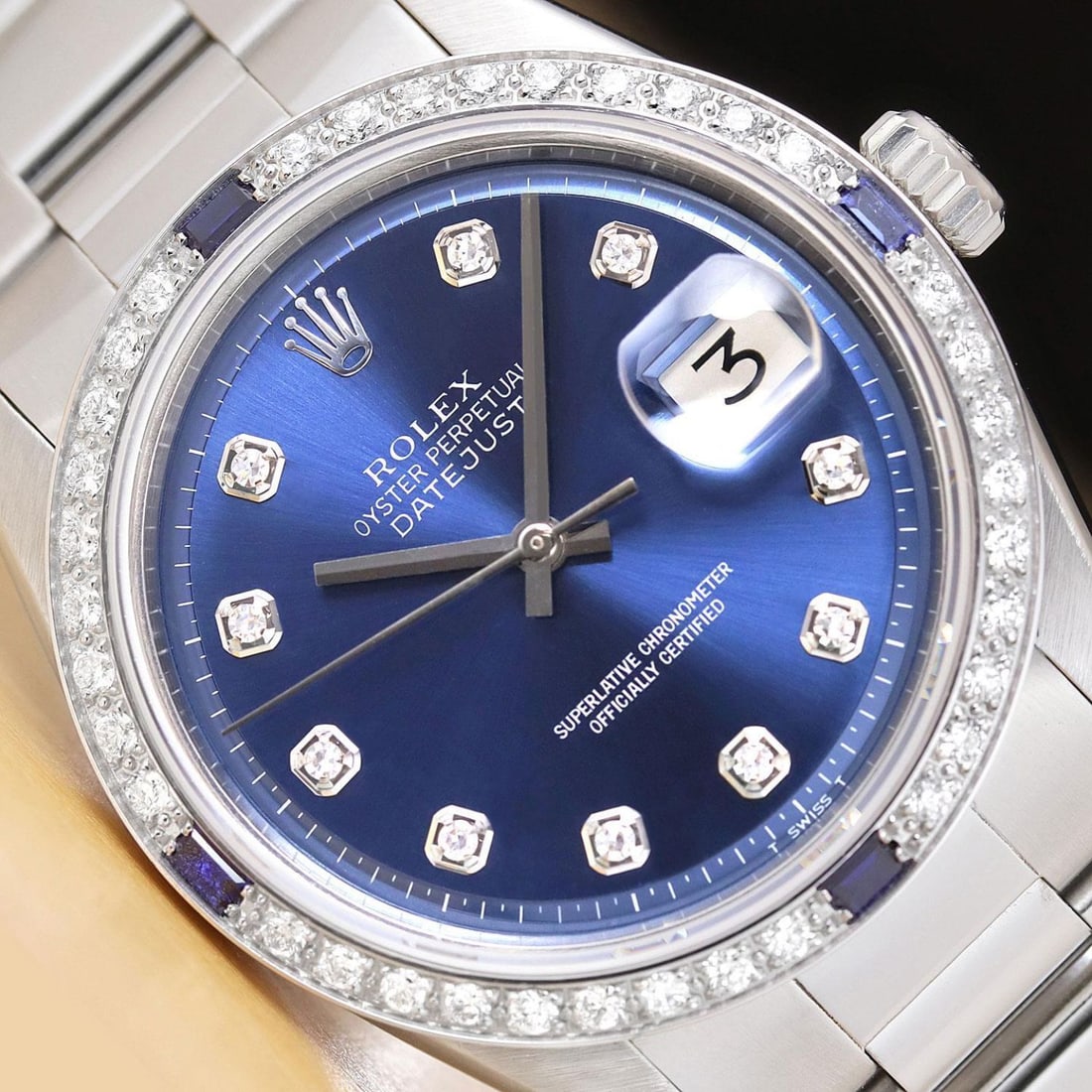 Mens 18k White Gold & Stainless Steel Rolex Datejust With A Blue Diamond Dial & Sapphire DIamond (1 of 5)