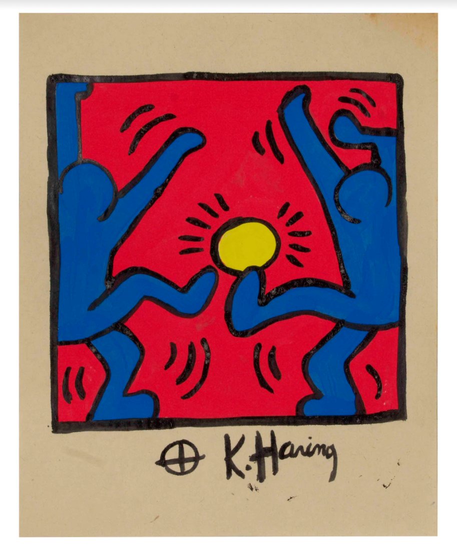 RARE Keith Haring Authentic Drawing on Vintage Paper SIGNED and Stamped by Haring Estate: RARE Keith Haring Authentic Drawing on Vintage Paper SIGNED and Stamped by Haring Estate