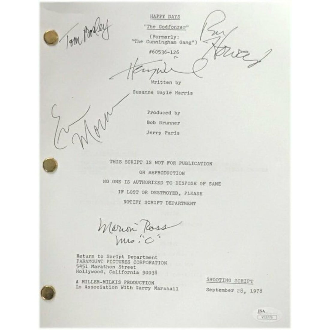 Happy Days Cast Signed TV Script w/5 Signatures (JSA COA) (1 of 2)