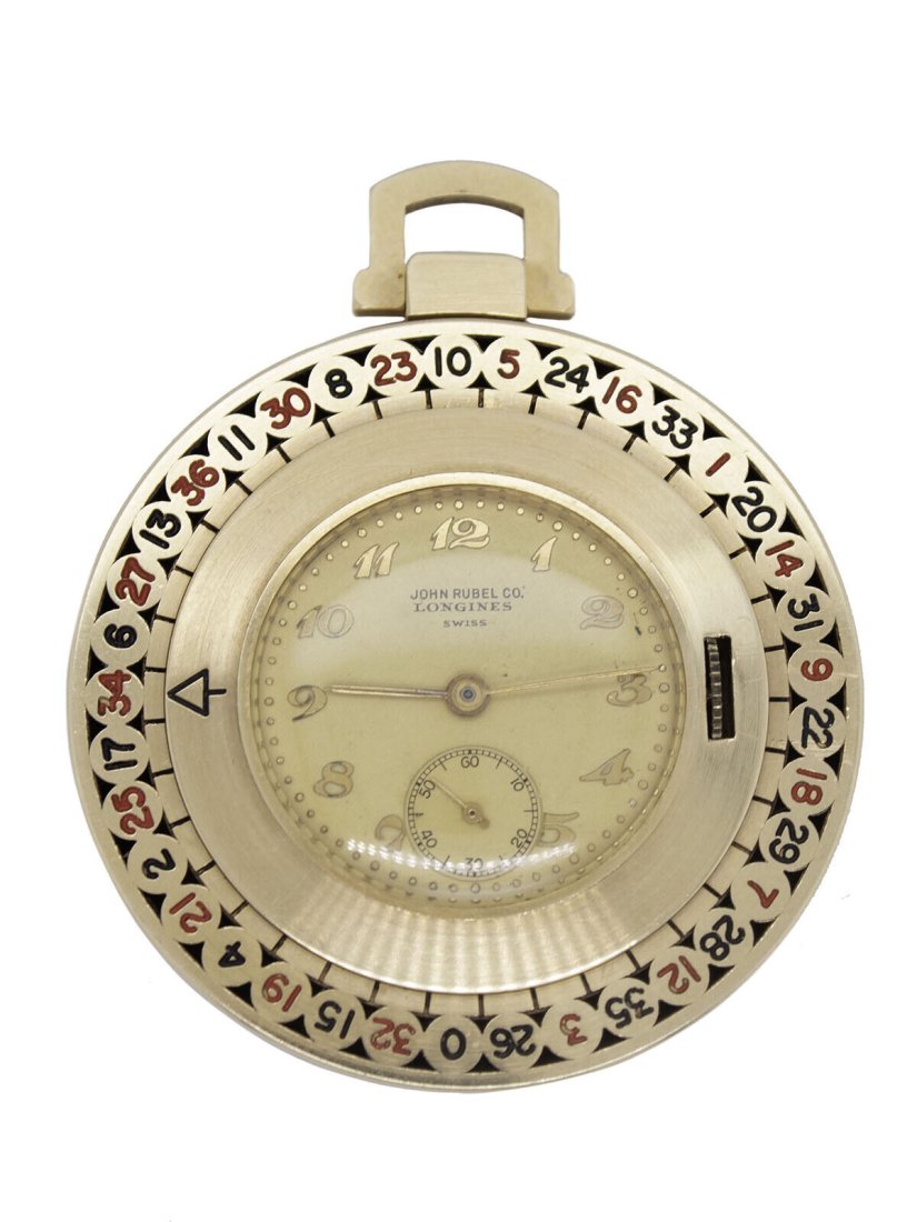 Vintage Longines 14k Yellow Gold Roulette Pocket Watch: Vintage Longines 14k Yellow Gold Roulette Pocket Watch. Case: 14KYG Dial: Gold Circa: 1940's Movement: Manual Condition: Near Mint Condition Weight: 55.2 grams