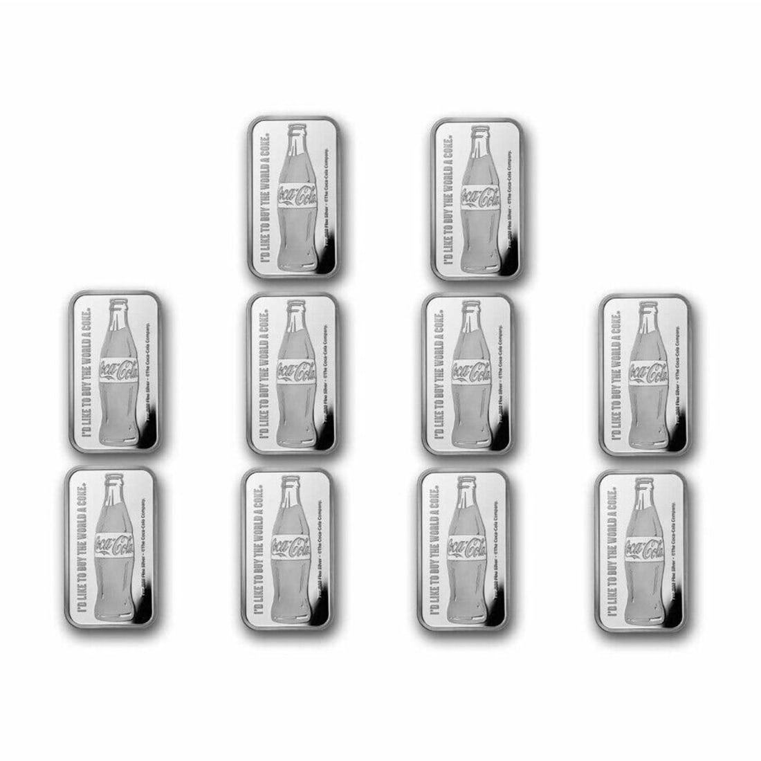 Lot Of 10~ Coca-Cola 1 oz Silver Struck Bar (1 of 2)
