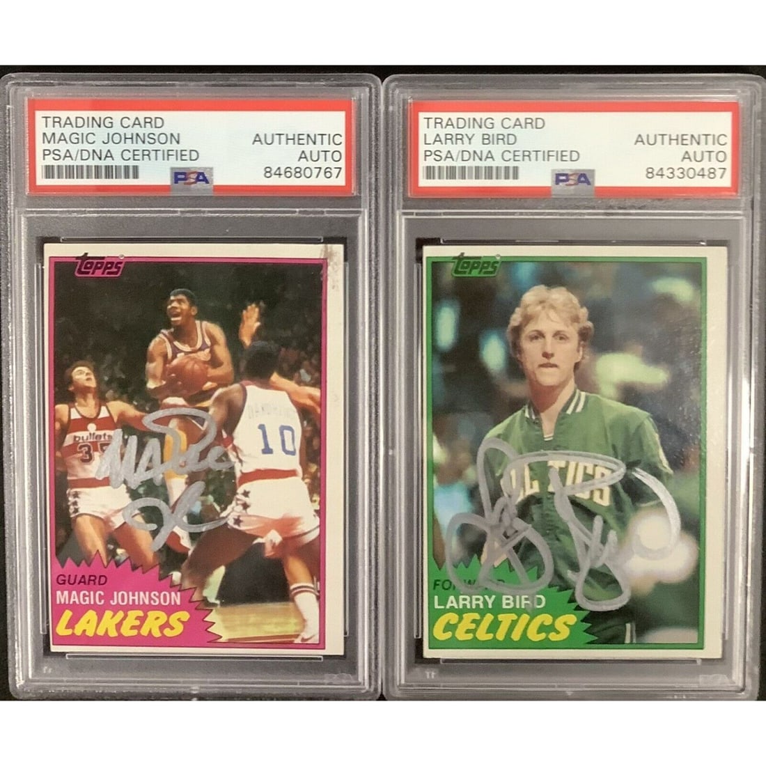 Larry Bird & Magic Johnson Signed 1981 Topps Rookie Cards (PSA) (1 of 2)
