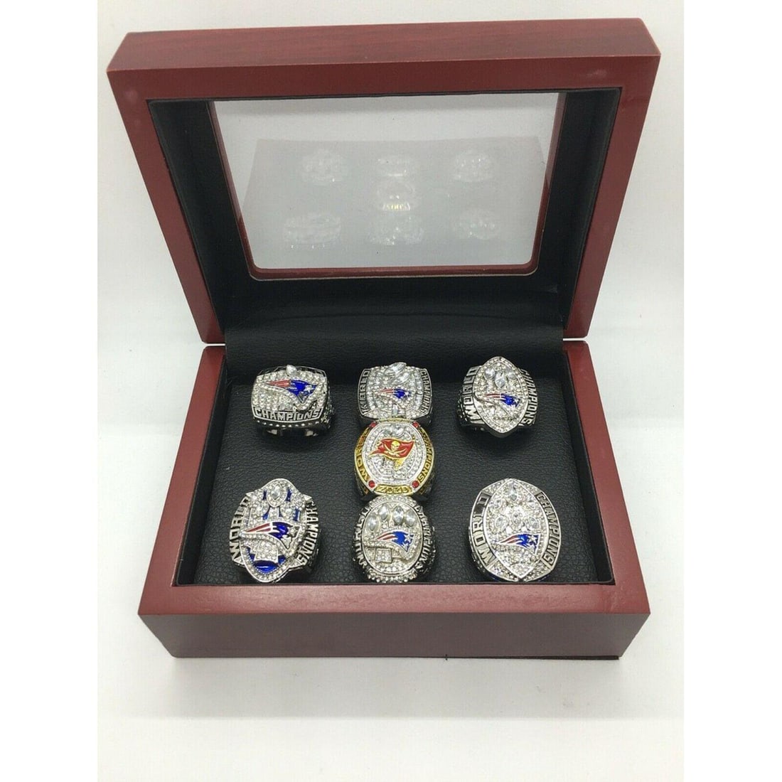7 Pcs Tom Brady Super Bowl Championship Ring Set with Wooden Display Box: 7 Pcs Tom Brady Super Bowl Championship Ring Set with Wooden Display Box