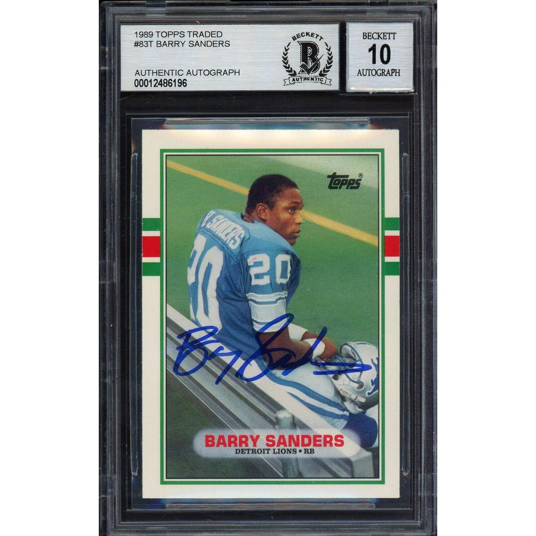 Barry Sanders Signed 1989 Topps Traded #83T Rookie Card (Beckett 10 Auto): Barry Sanders Signed 1989 Topps Traded #83T Rookie Card (Beckett 10 Auto)
