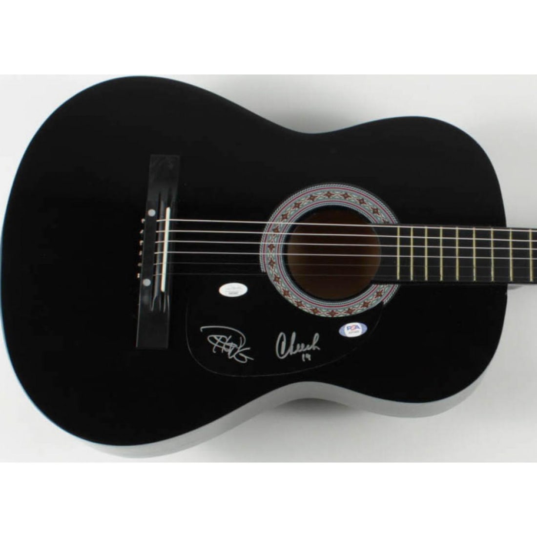Cheech Marin & Tommy Chong Signed 39" Acoustic Guitar Inscribed "19" (PSA COA & JSA Hologram): Zeny Acoustic Guitar measures approximately 39" in length and has been hand-signed by Cheech Marin and Tommy Chong. This guitar is a display guitar. It is a lower-tier version and is not the same qual