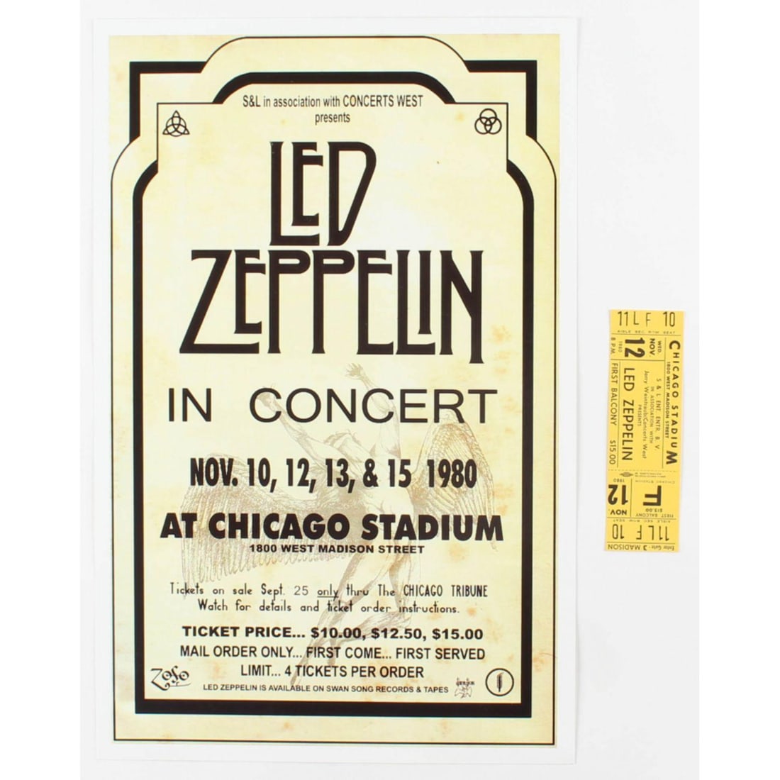 Set of (2) Led Zeppelin Concert Items with (1) Concert Ticket & (1) 11x17 Concert Poster Print: Set of (2) Led Zeppelin Concert Items with (1) Concert Ticket & (1) 11x17 Concert Poster Print (Chicago Stadium Corporation LOA)