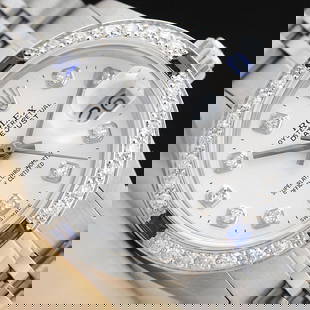 LADIES ROLEX DATEJUST 18K WHITE GOLD DIAMOND SAPPHIRE & STEEL WATCH - WHITE DIAL: LADIES ROLEX DATEJUST 18K WHITE GOLD DIAMOND SAPPHIRE & STEEL WATCH - WHITE DIAL (This is an authentic Rolex watch with a Rolex dial with added genuine diamond markers, custom 18K white gold sapphire