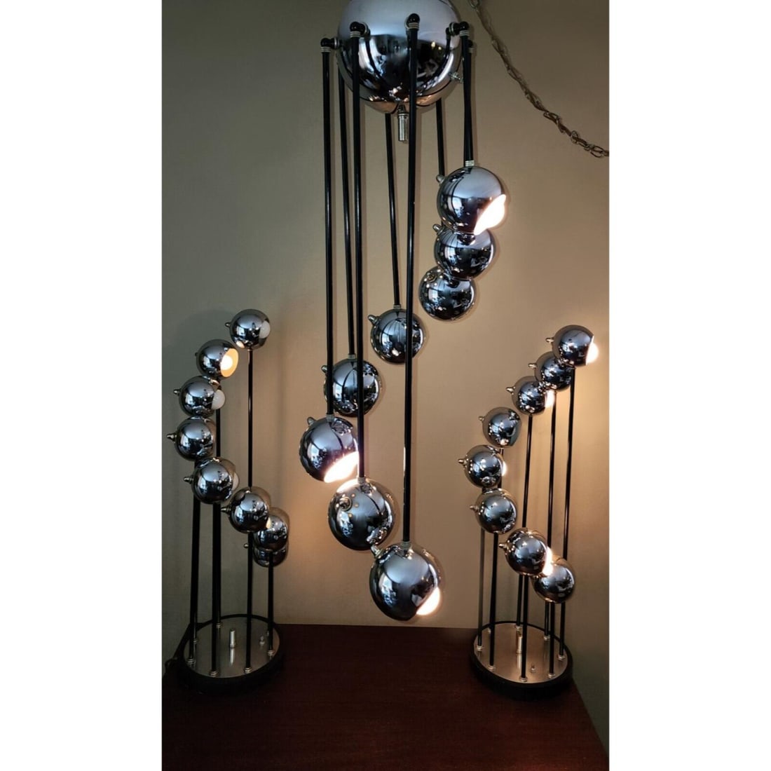 RARE MCM SONNEMAN 8 LIGHT CHROME SPACE AGE SPUTNIK VTG CHANDELIER EYEBALL LAMPS: RARE MCM SONNEMAN 8 LIGHT CHROME SPACE AGE SPUTNIK VTG CHANDELIER EYEBALL LAMPS (WE HAVE A SET OF THREE BEAUTIFUL LIGHTS BY ROBERT SONNEMAN. TWO CHROME SPIRAL TABLE LAMPS AND ONE HANGING SPIRAL GLOBE
