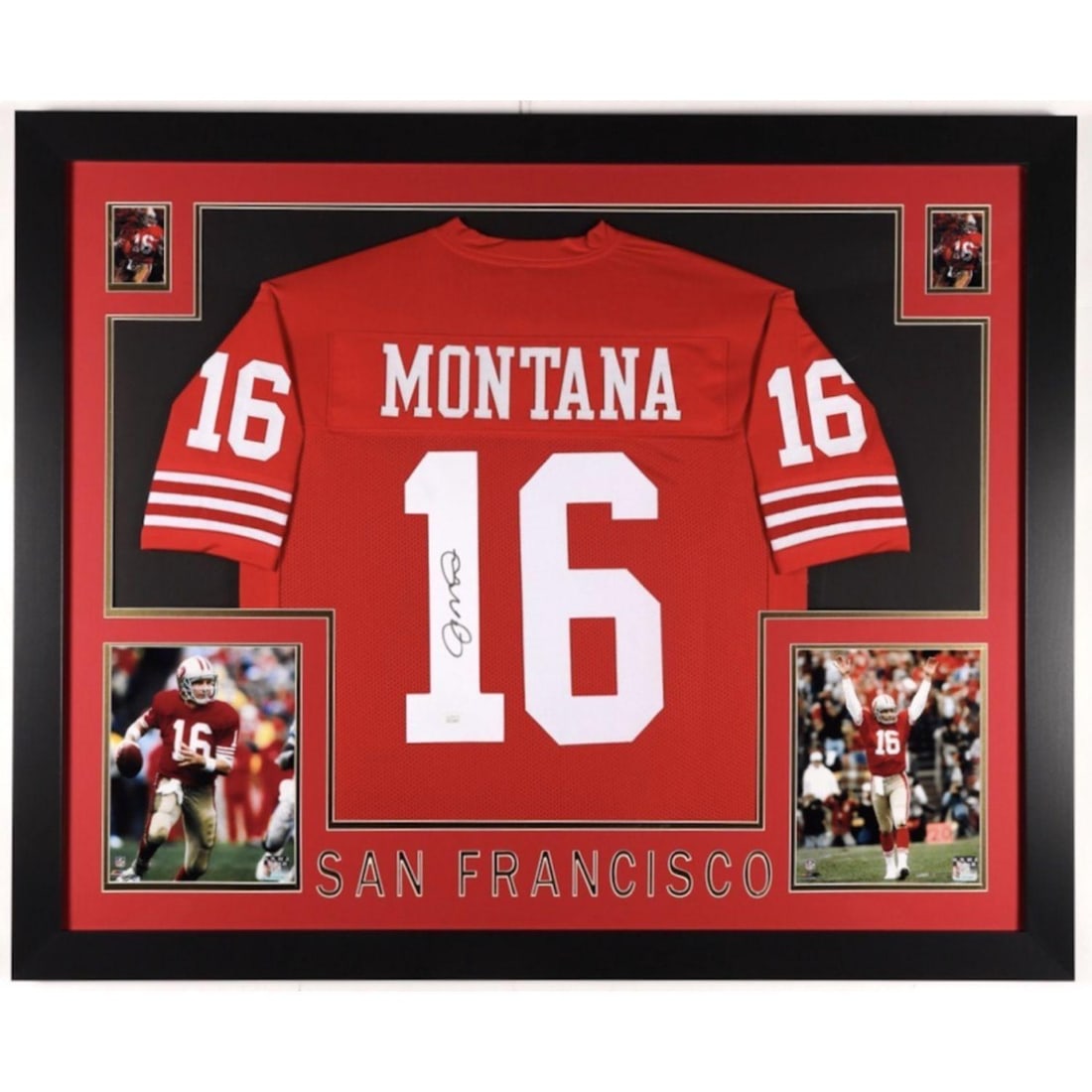 Joe Montana Signed 35x43 Custom Framed Jersey Display (JSA COA) (1 of 1)