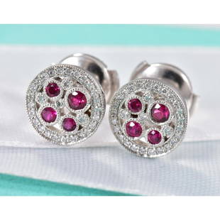 Tiffany & Co Platinum Diamond Ruby Cobblestone Luxury Stud Earrings in Box Rare: Tiffany & Co Platinum Diamond Ruby Cobblestone Luxury Stud Earrings in Box Rare