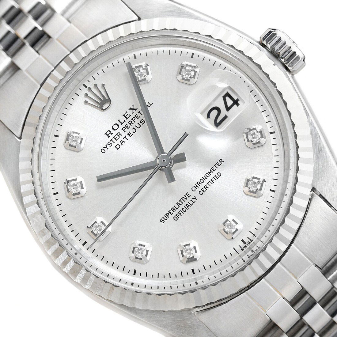 MENS ROLEX DATEJUST 18K WHITE GOLD & STAINLESS STEEL SILVER DIAMOND DIAL WATCH (1 of 2)