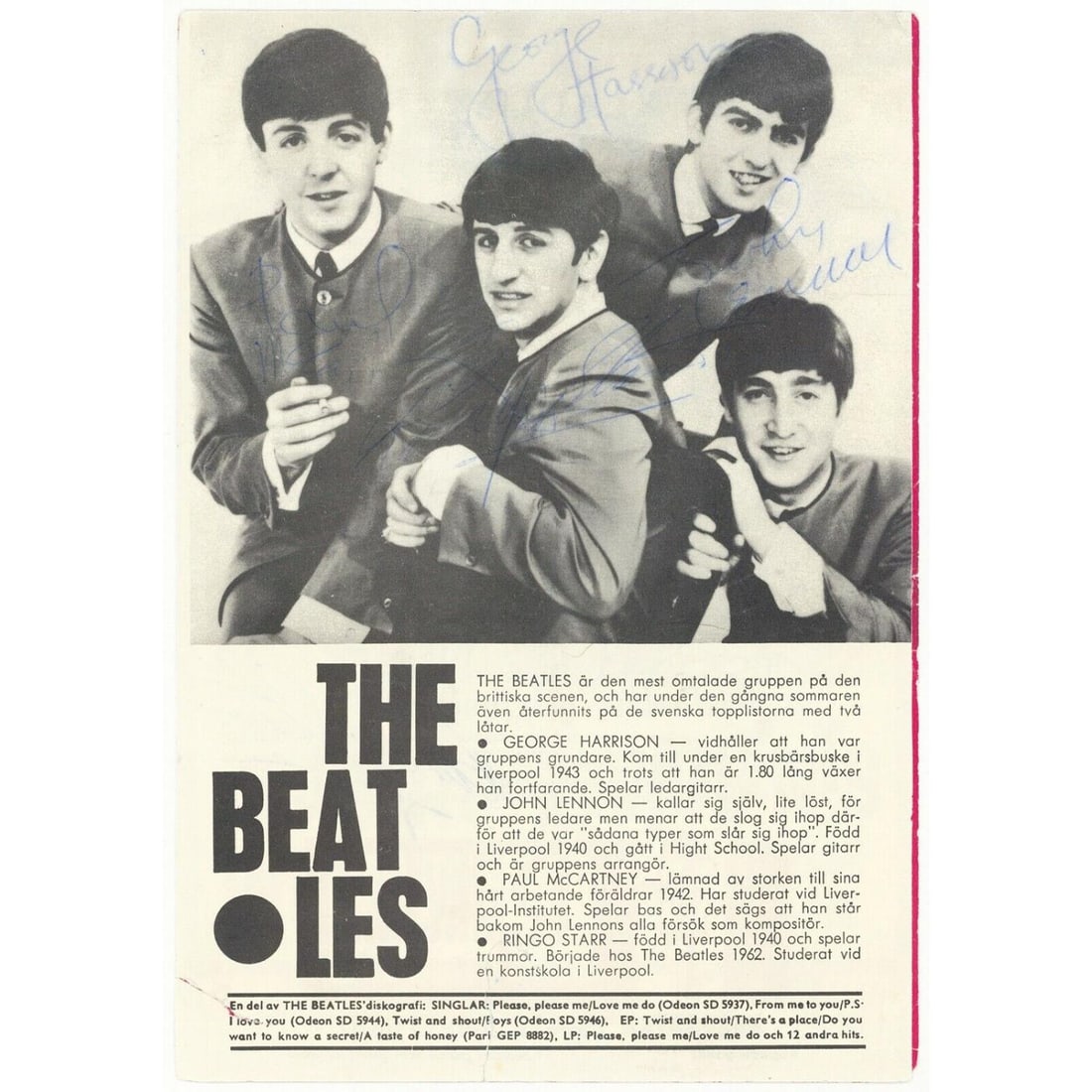 RARE~ The Beatles: John Lennon, George Harrison, Paul McCartney & Ringo Starr Signed Vintage Program: RARE~ The Beatles: John Lennon, George Harrison, Paul McCartney & Ringo Starr Signed Vintage Program Photo (Beckett LOA)