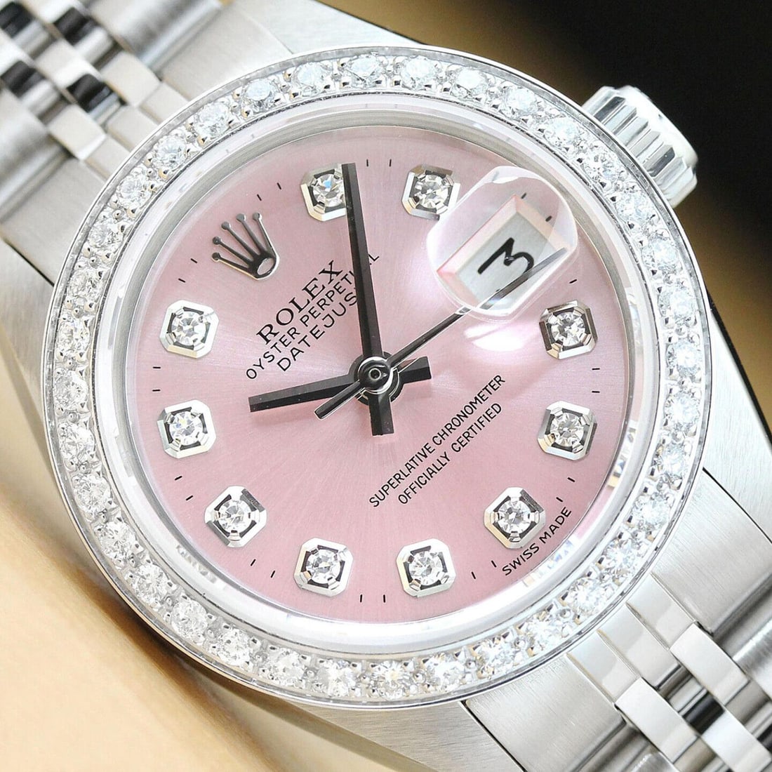 Womens 18k White Gold & Stainless Steel Rolex Datejust With A Pink Diamond Dial & Diamond Bezel (1 of 3)