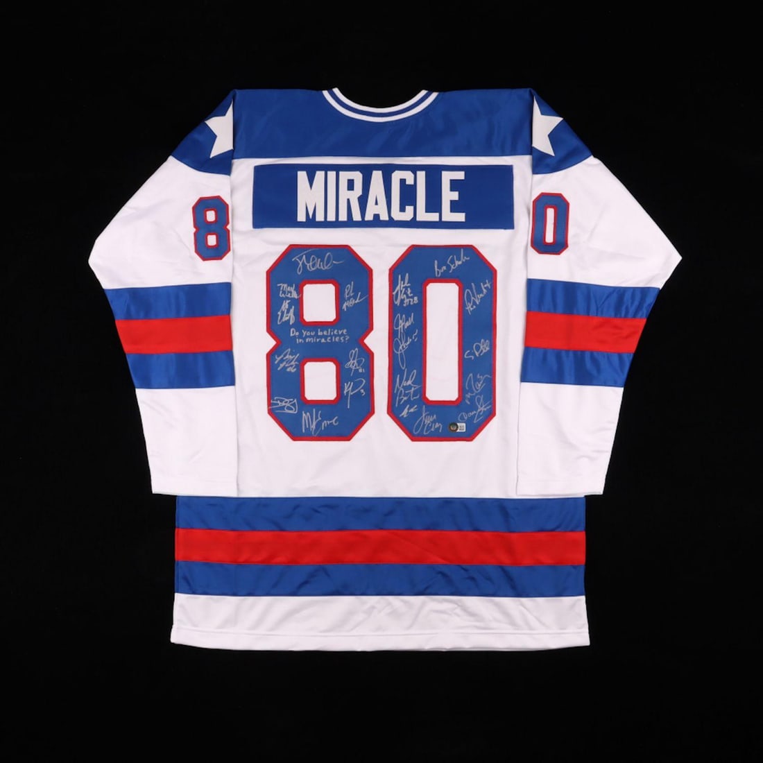 1980 Team USA Hockey "Miracle on Ice" Jersey Signed by (19) with Mike Eruzione, Jim Craig, Ken: Custom on-ice style jersey. Everything sewn on, size XL. Hand-signed and inscribed by (19) with Steve Janaszak, Bill Baker, Dave Christian, Ken Morrow, Jack O'Callahan, Mike Ramsey, Neal Broten, Steve