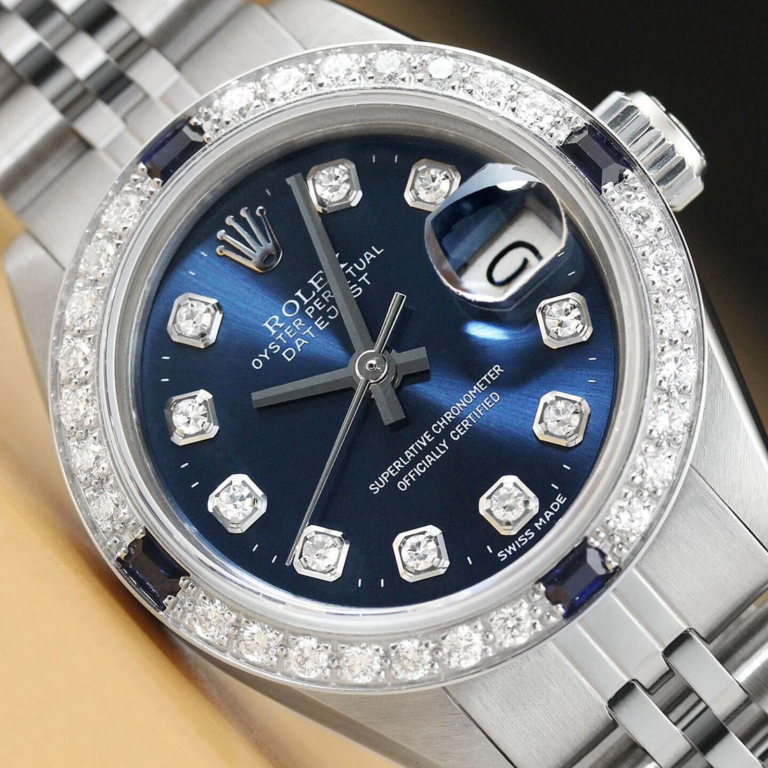LADIES ROLEX DIAMOND SAPPHIRE DATEJUST 18K WHITE GOLD & STEEL BLUE DIAL WATCH (1 of 5)