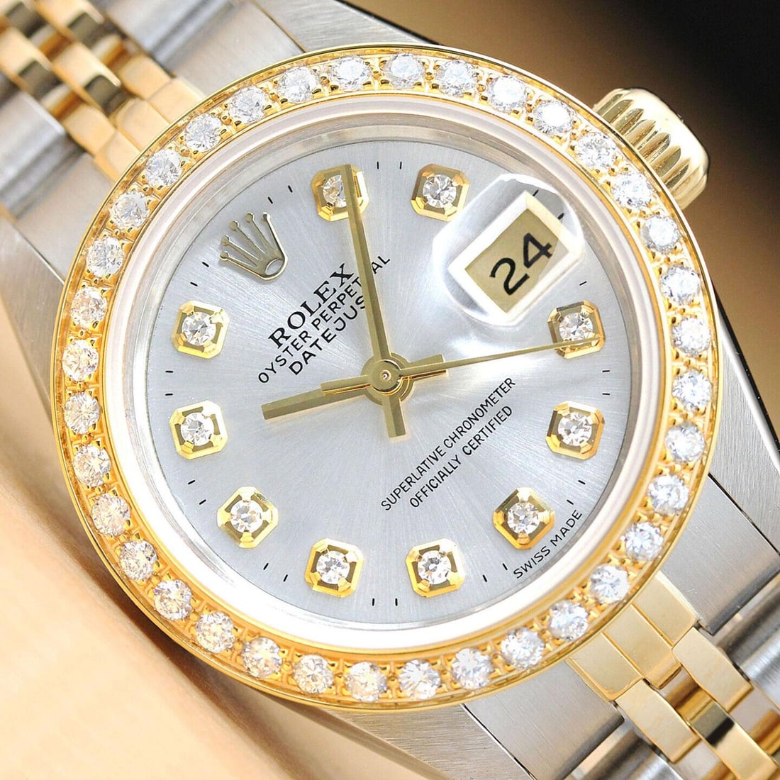ROLEX LADIES DATEJUST SILVER DIAMOND 18K YELLOW GOLD/STEEL QUICKSET WATCH (1 of 5)