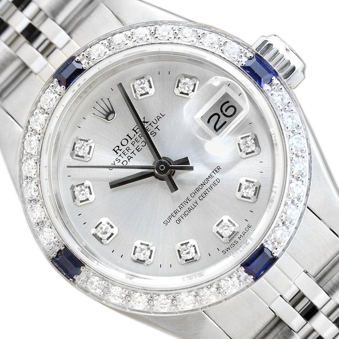LADIES ROLEX DATEJUST SILVER DIAL 18K WHITE GOLD SAPPHIRE DIAMOND & STEEL WATCH (1 of 4)