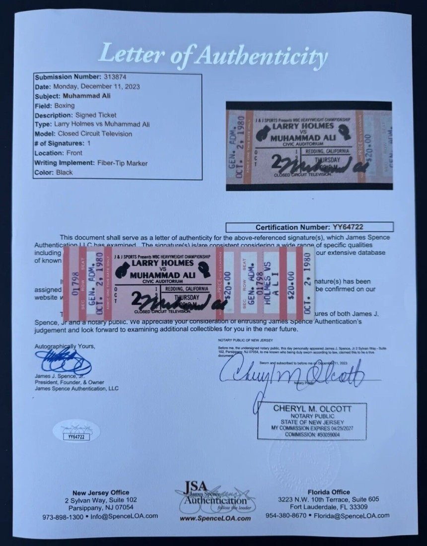 Muhammad Ali Signed Holmes / Ali Fight Ticket 10/2/80 JSA LOA Boxer The Greatest: Muhammad Ali Signed Holmes / Ali Fight Ticket 10/2/80 JSA LOA Boxer The Greatest