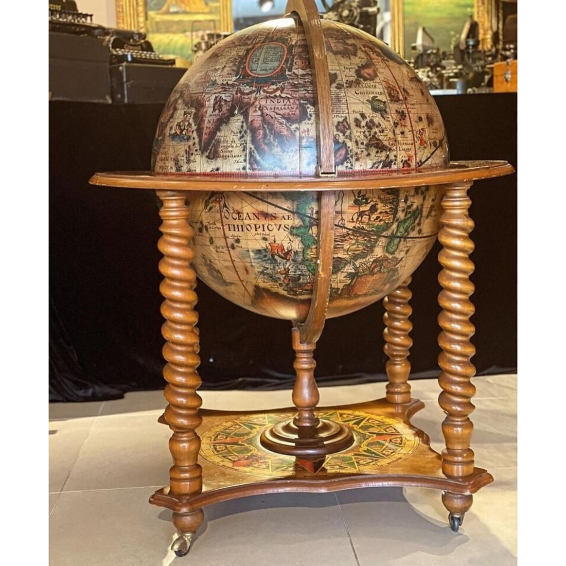 Handmade 1950 Classic Globe Bar Vintage Bar Cart Drink Trolley Drinking Cabinet: handmade 1950 Classic Globe Bar Vintage Bar Cart Drinks Trolley Drinking Cabinet on Wheels Old World Map Antique,rare itemA good quality globe bar largely made of solid wood with beautiful bronzed bra