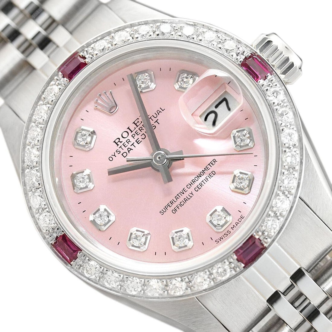 LADIES ROLEX DATEJUST 18K WHITE GOLD DIAMOND RUBY & STEEL PINK DIAL WATCH (1 of 2)