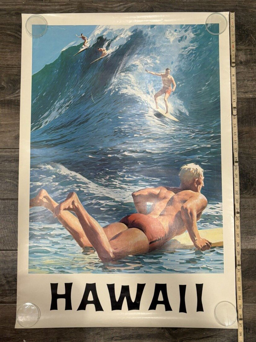 Original Vintage Poster HAWAII Hawaiian Surfing Travel Tourism Chas Allen 1960's (1 of 1)