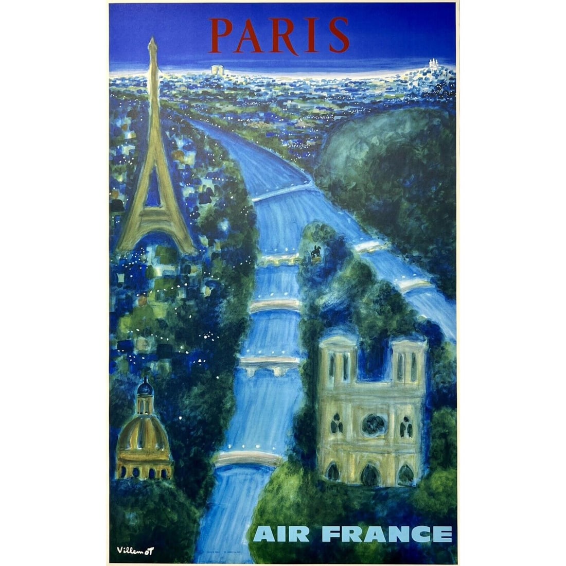 Original Vintage Poster AIR FRANCE PARIS Airline Travel Tourism Villemot LINEN (1 of 1)