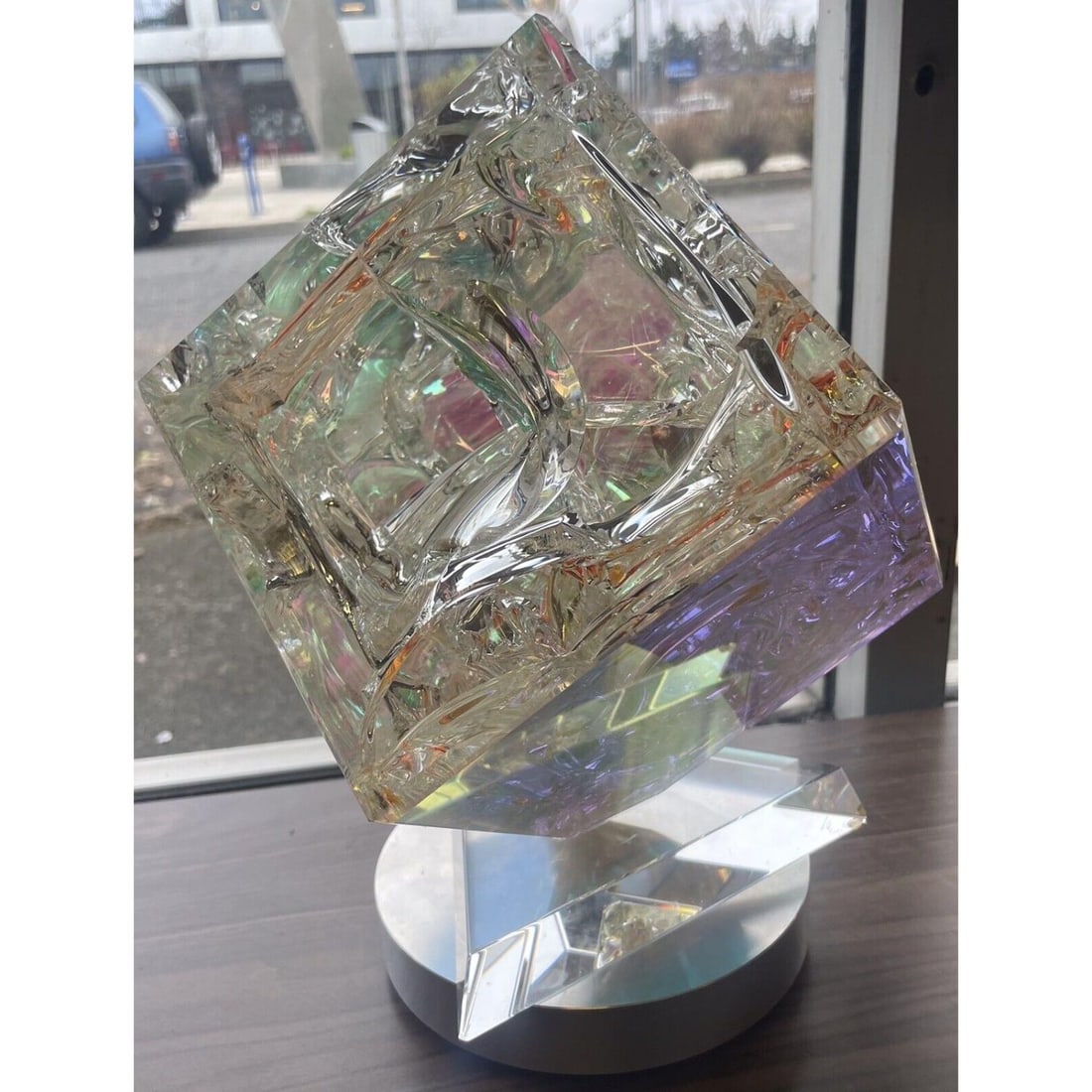 Tom Marosz Fiber Optic / Dichroic Crystal Cube Glass Sculpture “Sevens Home (1 of 9)