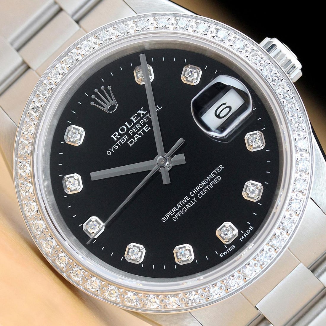 Mens 18k White Gold Rolex Oyster Perpetual Date With A Diamod Dial & Diamond Bezel (1 of 4)