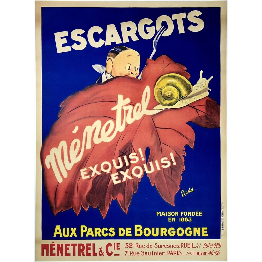 Original Vintage Poster ESCARGOTS MENETREL French Advertising Food Liquor OL (1 of 1)