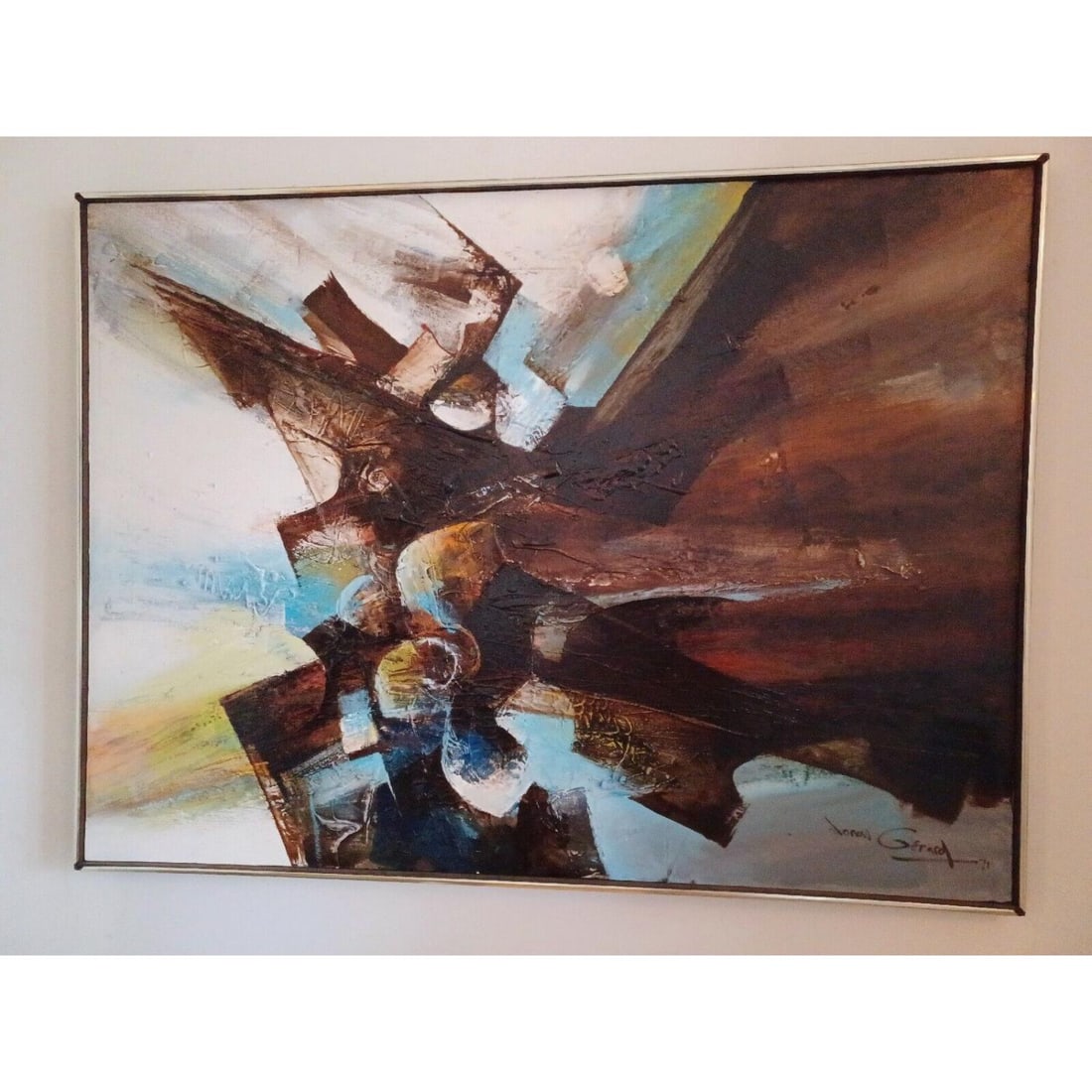 Signed and Dated Mid Century Modern Abstract Oil Painting by Jonas Gerard: Signed and Dated Mid Century Modern Abstract Oil Painting by Jonas Gerard (35"X11.5"X48")