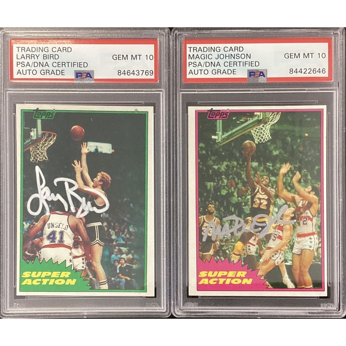 Magic Johnson & Larry Bird Signed 1981 Topps Rookie Card Pair PSA 10 AUTO (1 of 1)