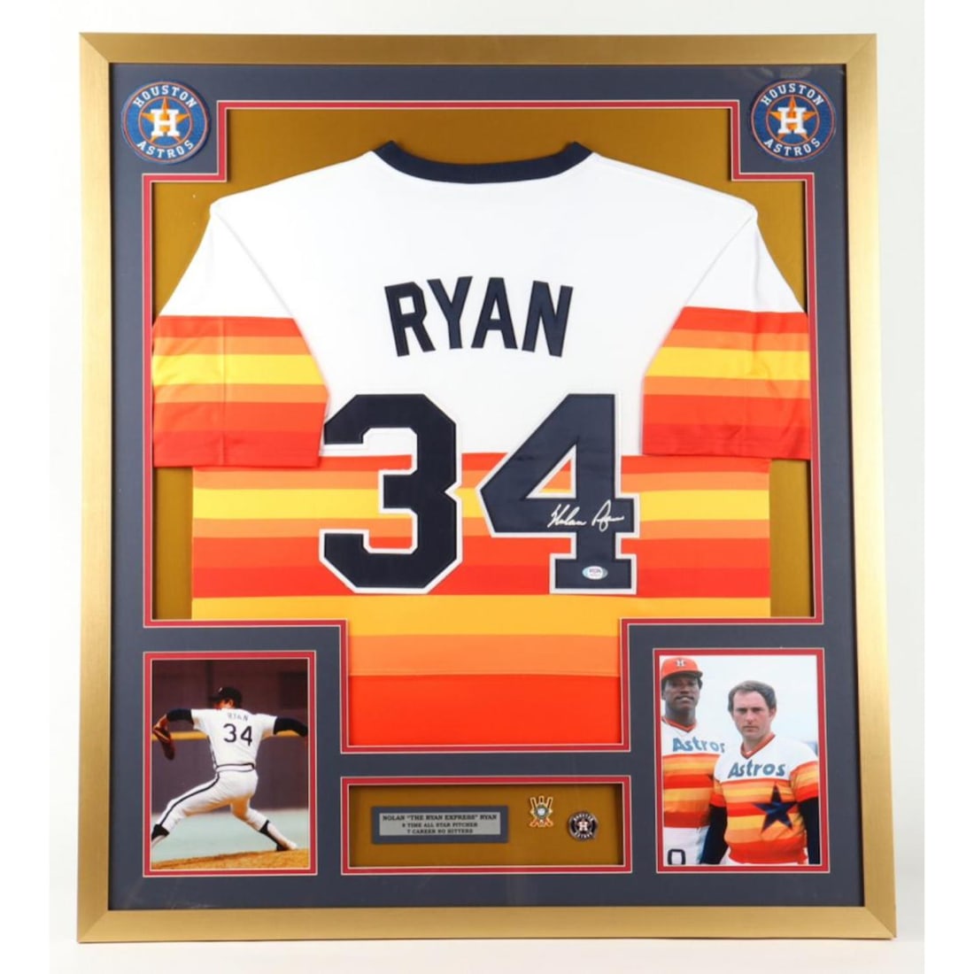 Nolan Ryan Signed 32x36 Custom Framed Jersey Display with 1999 Official Hall of Fame Induction Pin & (1 of 1)