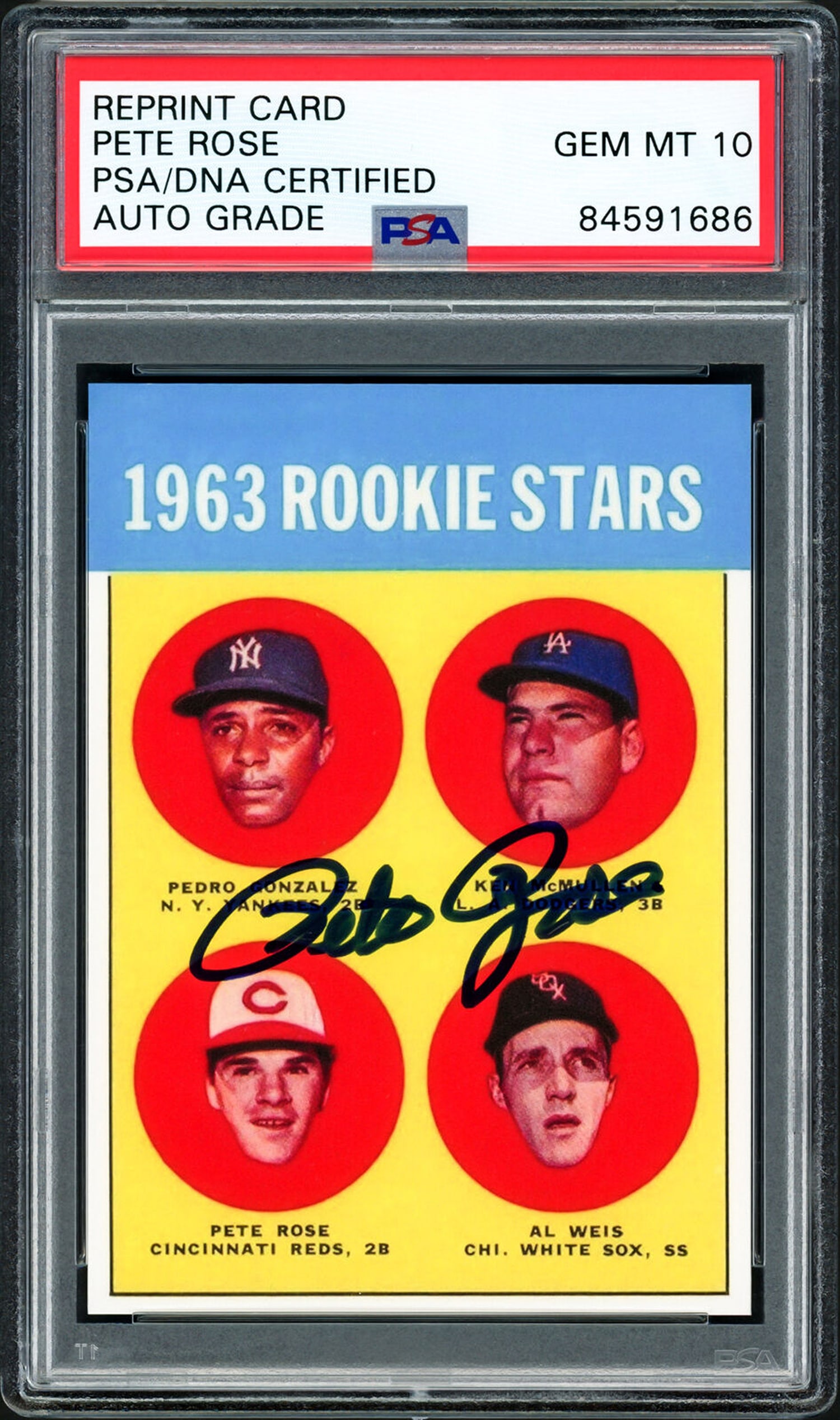 PETE ROSE AUTOGRAPHED 1963 TOPPS RC REPRINT CARD REDS GEM 10 AUTO PSA/DNA 203895 (1 of 2)