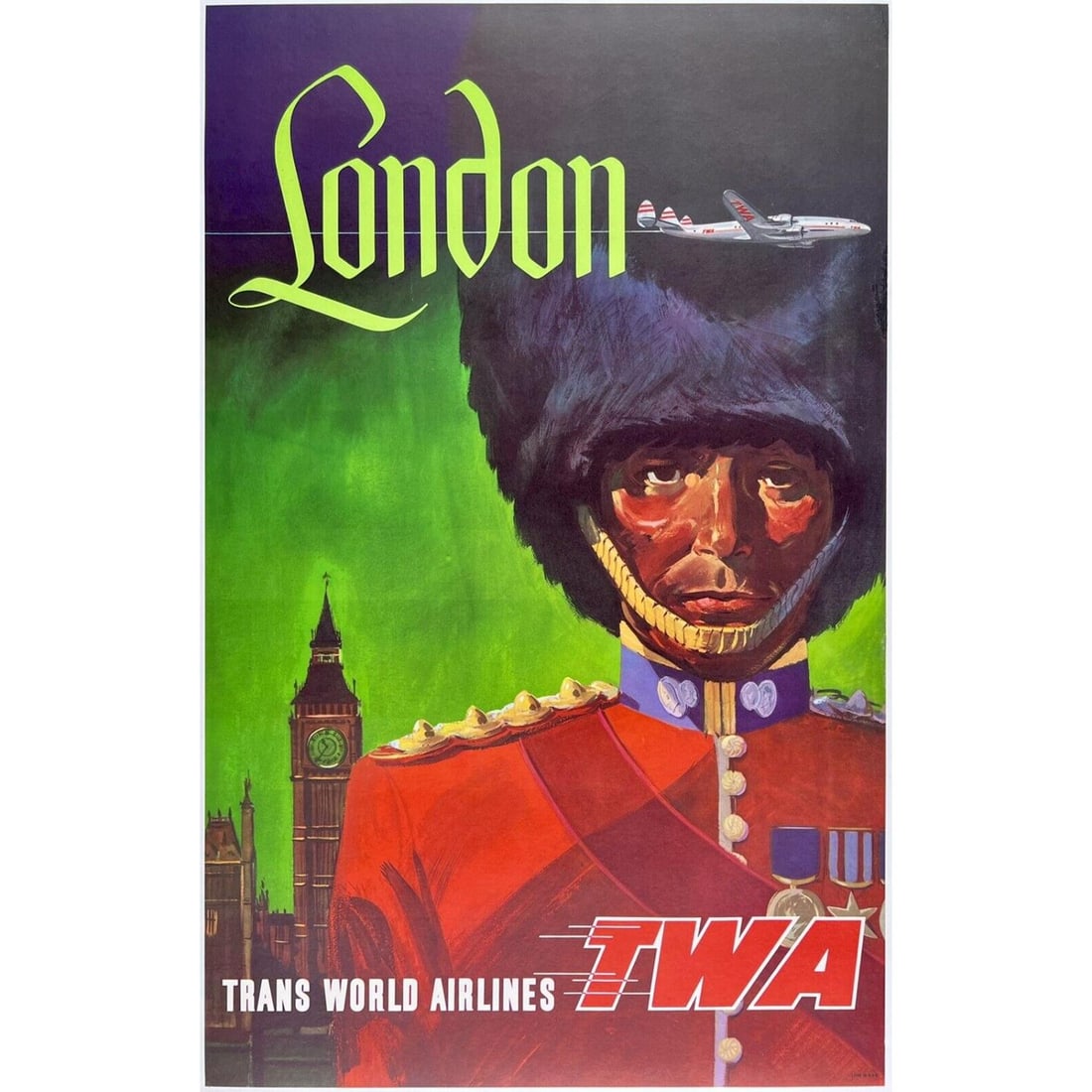 Original Vintage Poster LONDON TRANS WORLD AIRLINES TWA Airline UK Travel LINEN (1 of 1)