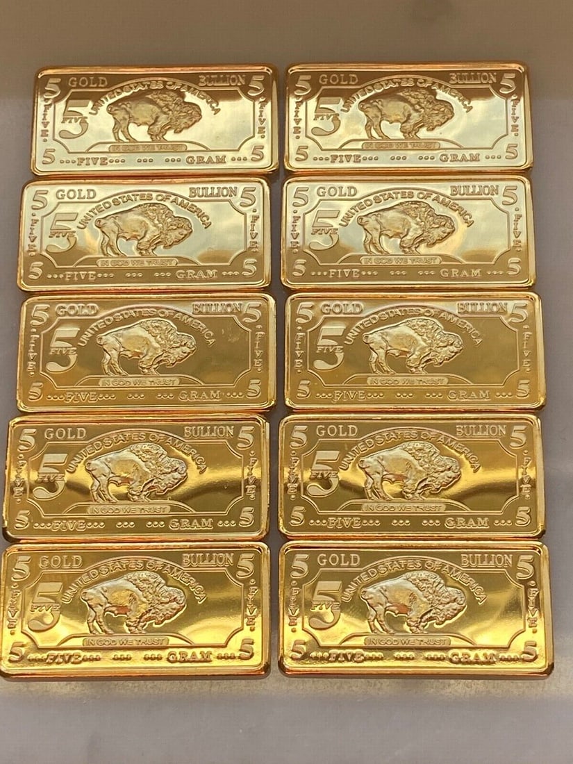 Lot of 10 - 5 GRAM 100 MILLLS GOLD BUFFALO BULLION BARS .999 FINE (1 of 6)
