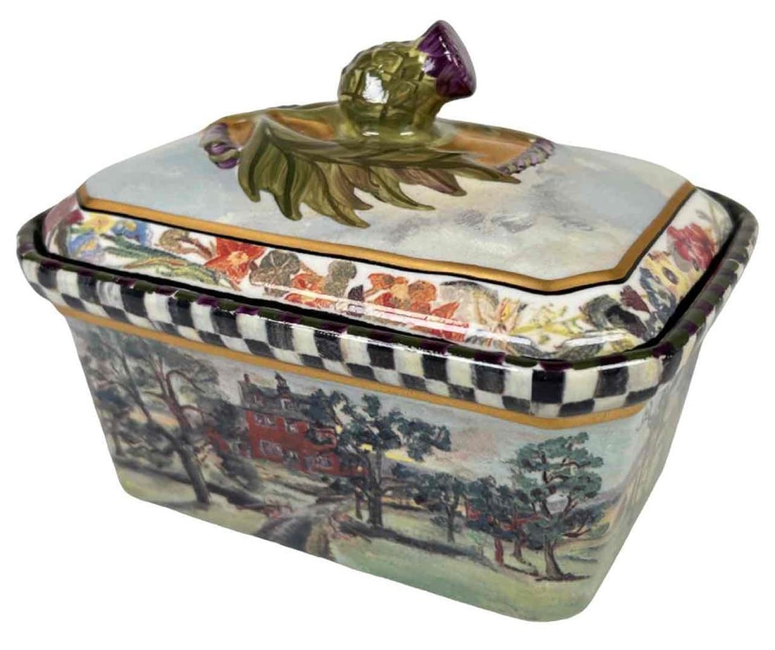 Rare Vintage Mackenzie Childs 1991 Farmhouse Thistle Porcelain Box Country Scene: Condition: Used,Type: Box,Brand: Mackenzie Childs