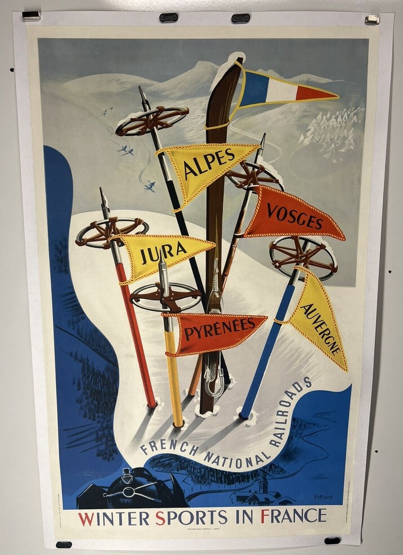 Original Vintage Travel French Ski Poster Winter Sports France Vecoux 1947 Rare (1 of 1)
