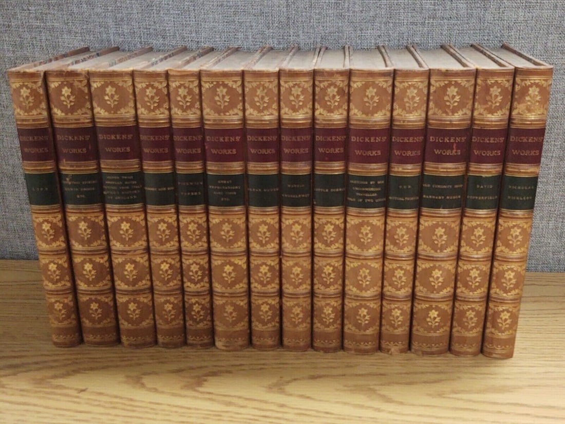 Dickens Works 14 volumes with 22 books 3/4 leather fine binding 1870's (1 of 4)