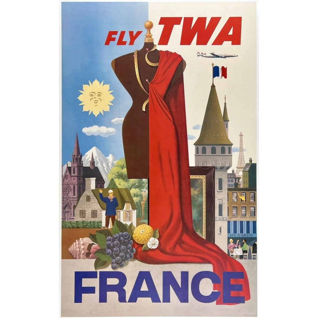 **Original Vintage Poster FLY TWA TO FRANCE Trans World Airline Travel** Paris LINEN** (1 of 1)