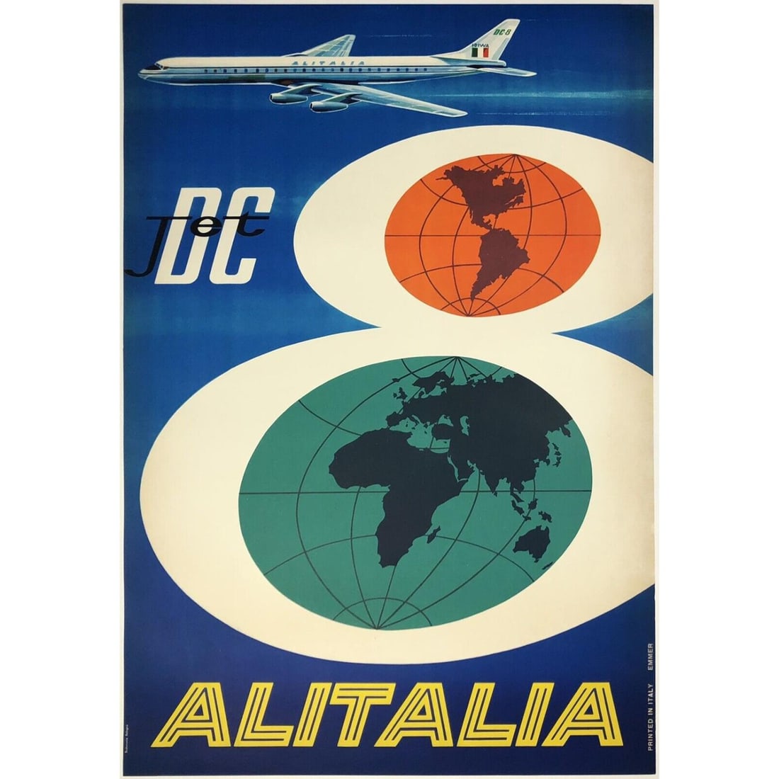 **Original Vintage Italy DC-8 Jet Airline **MCM Trvael Poster LINEN** (1 of 1)