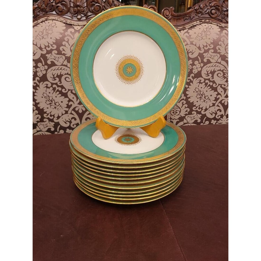 Mintons 1880's Tiffany & Co Set of 12 Raised Gold on Green 9" Plates (1 of 4)