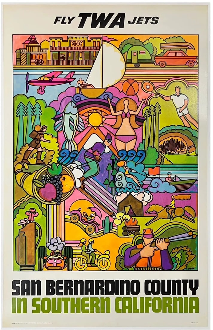 Original Vintage Poster FLY TWA JETS SAN BERNARDINO SOUTHERN CALI Airline LINEN (1 of 5)