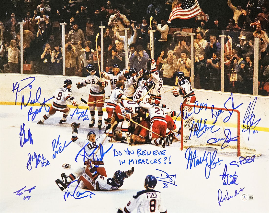 TEAM USA MIRACLE ON ICE SIGNED 16X20 PHOTO DO YOU BELIEVE 19 SIGS BECKETT 220106: Sport: Hockey-NHL,Product: Photo,Signed: Yes,Autograph Authentication: Beckett Authentication Services (BAS),Original/Reprint: Original