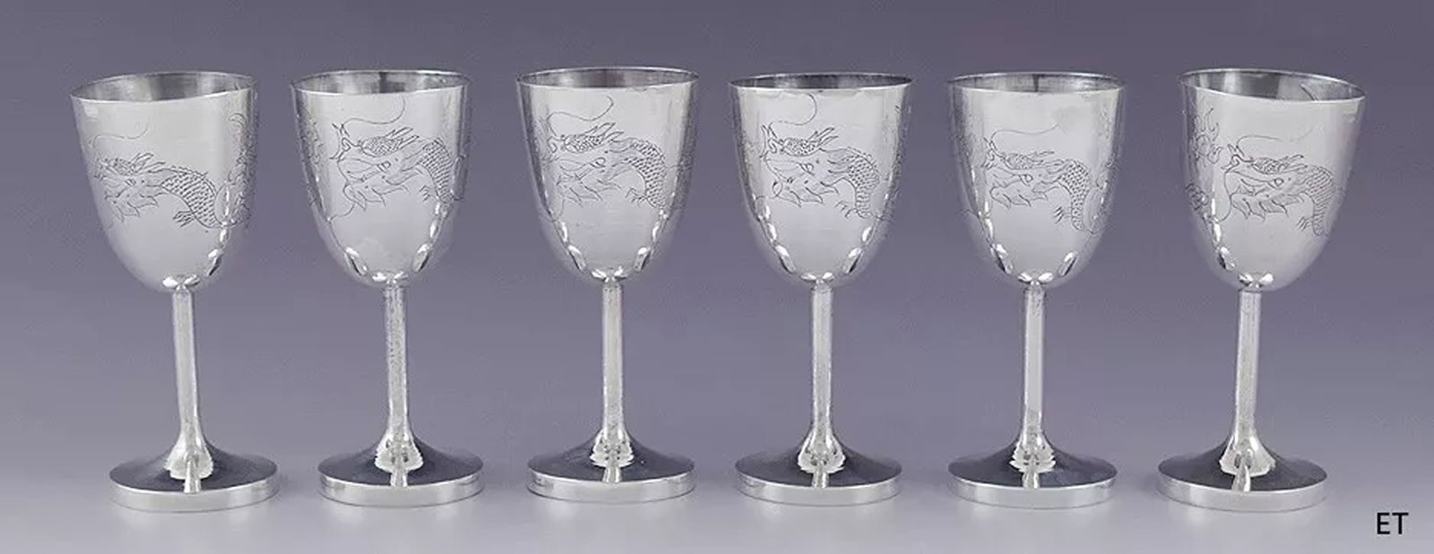 Set 6 Antique Chinese Export Silver Goblets Dragon and Pearl Hand Engraved (1 of 5)
